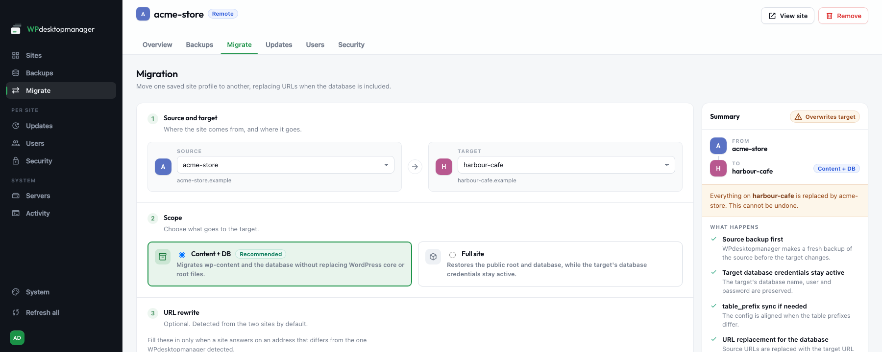 The Migrate screen